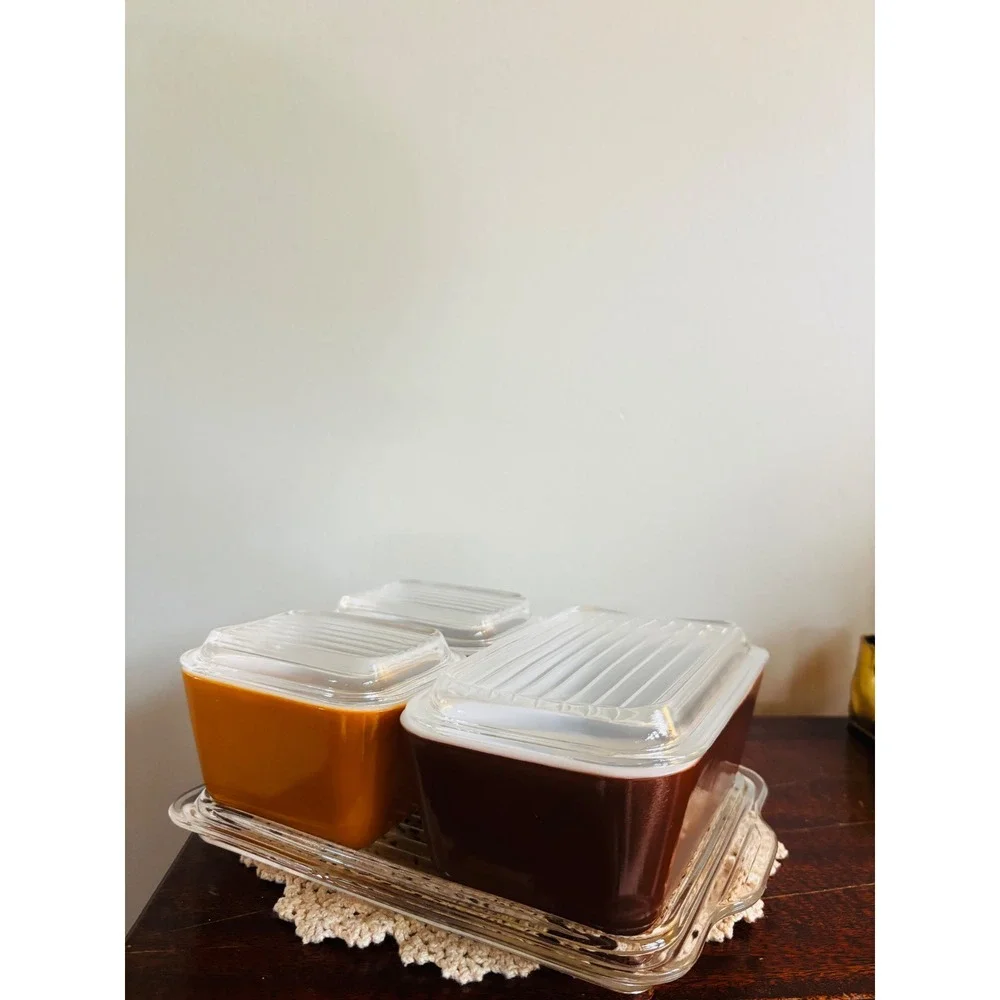 Vintage Pyrex Old Orchard Refrigerator Set 7 piece with clear trailing platter
